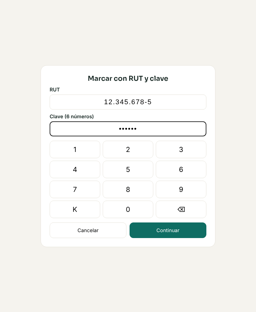Teclado para marcar con RUT y clave