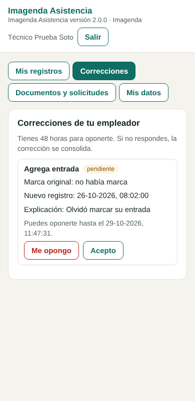 Corrección pendiente con botones Me opongo y Acepto